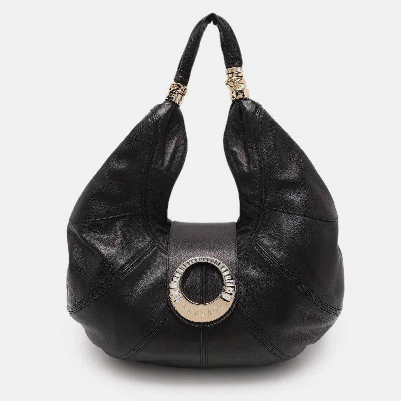 Handle bags with bold stripes for trendiness -Versace Black Leather Crystal Embellished Flap Hobo