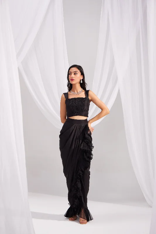 Trendy skirts with modern cutout designs -Black Silk Ruffle Draped Skirt