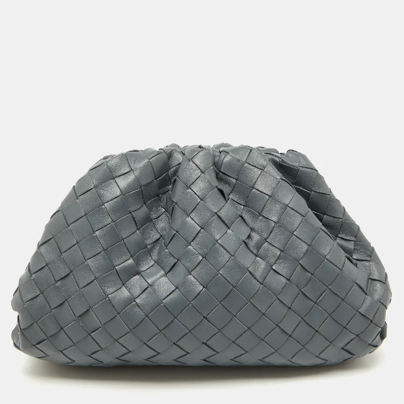 Small handle bags perfect for quick trips -Bottega Veneta Grey Intrecciato Leather Teen Pouch Clutch