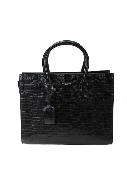 Handle bags with tropical leaves for summer -Saint Laurent Womens Black Lizard Embossed Leather Sac De Jour Tote Handbag