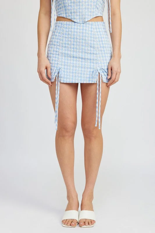 Leather Dresses for Luxury -GINGHAM MINI SKIRT WITH DRAWSTRINGS