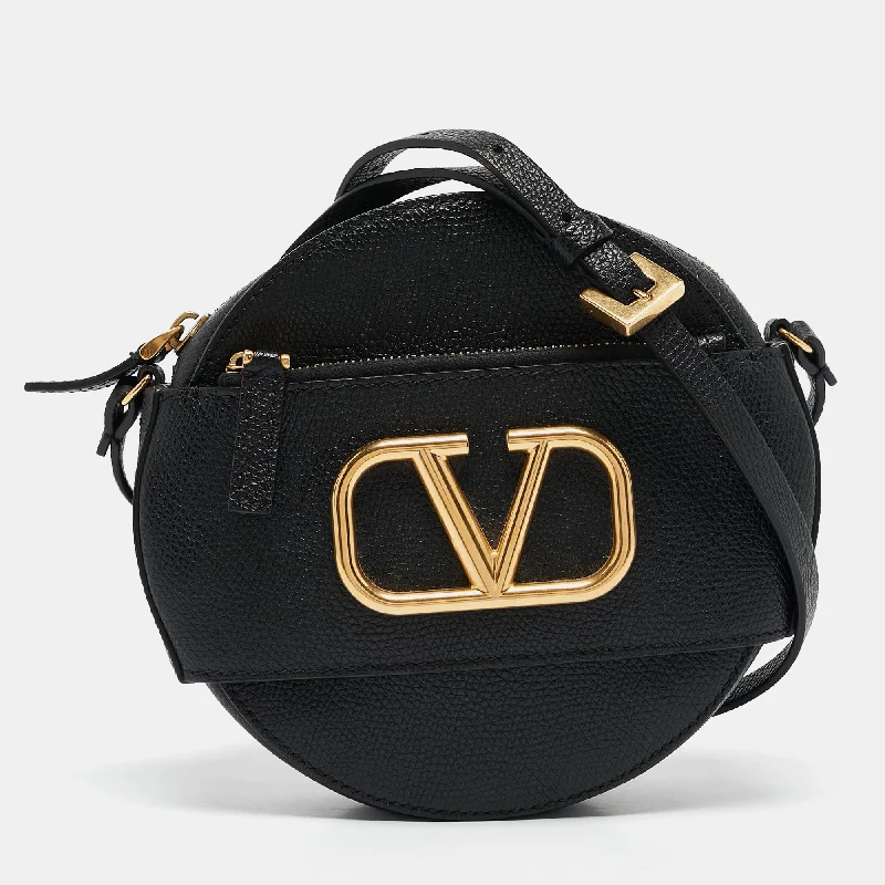 Handle bags with holiday themes for festivities -Valentino Black Leather Vlogo Round Crossbody Bag