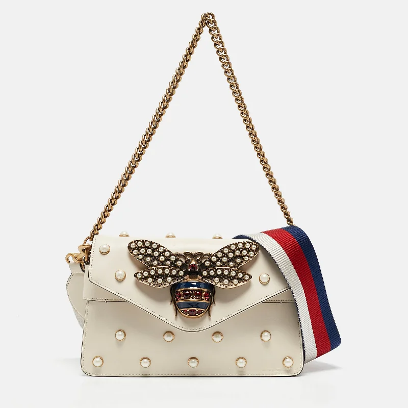 Handle bags with seasonal prints for holidays -Gucci Off White Leather Mini Pearl Queen Margaret Broadway Shoulder Bag