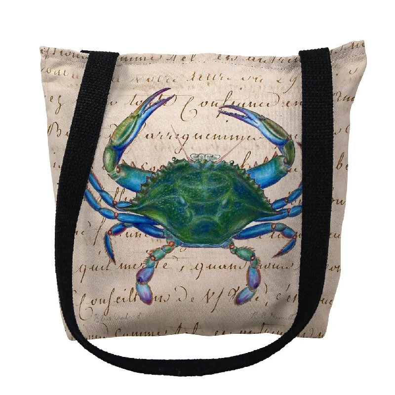 Handle bags with floral prints for spring -Male Blue Crab Beige Script Small Tote Bag 13x13