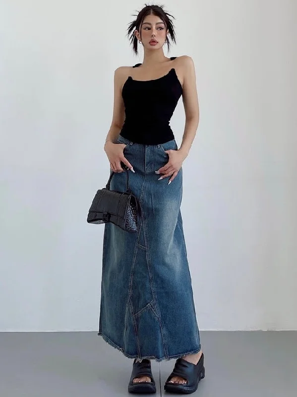 Vintage Dresses for Nostalgia -Ianna Denim Blue Retro High-rise Split Mid-Length Fishtail A-line Jeans Skirt