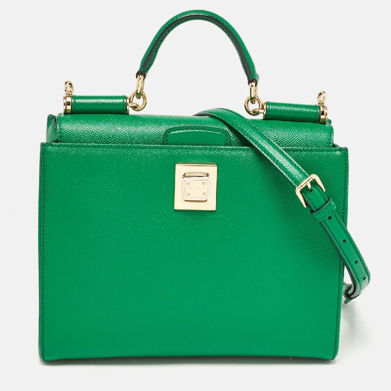 Handle bags with wide openings for access -Dolce & Gabbana Green Leather Twist Lock Flap Top Handle Bag