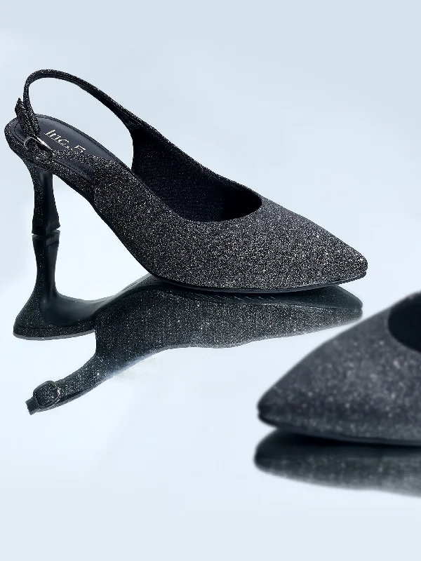 Ladies shoes featuring braided details are artsy -Women Pewter Textured Stiletto Pumps with Buckles