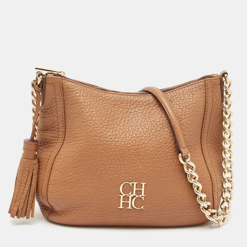 Handle bags with padded straps for comfort -Ch Carolina Herrera Brown Pebbled Leather Chain Tassel Shoulder Bag