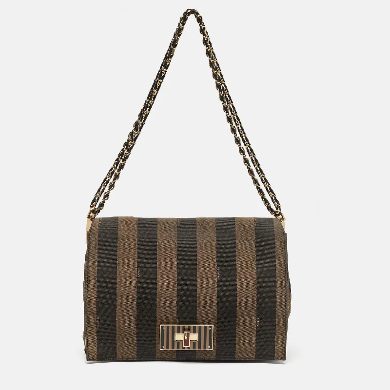 Handle bags with vintage clasps for nostalgia -Fendi Pequin Stripe Canvas Large Claudia Shoulder Bag