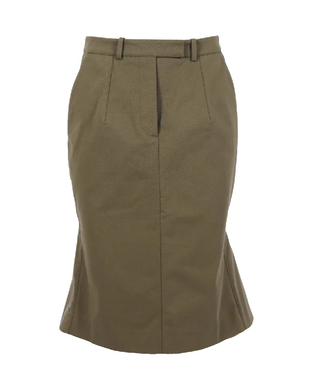 High-waisted mini skirts for retro vibes -Flared Knee-Length Skirt in Khaki Green Cotton by Alexander McQueen