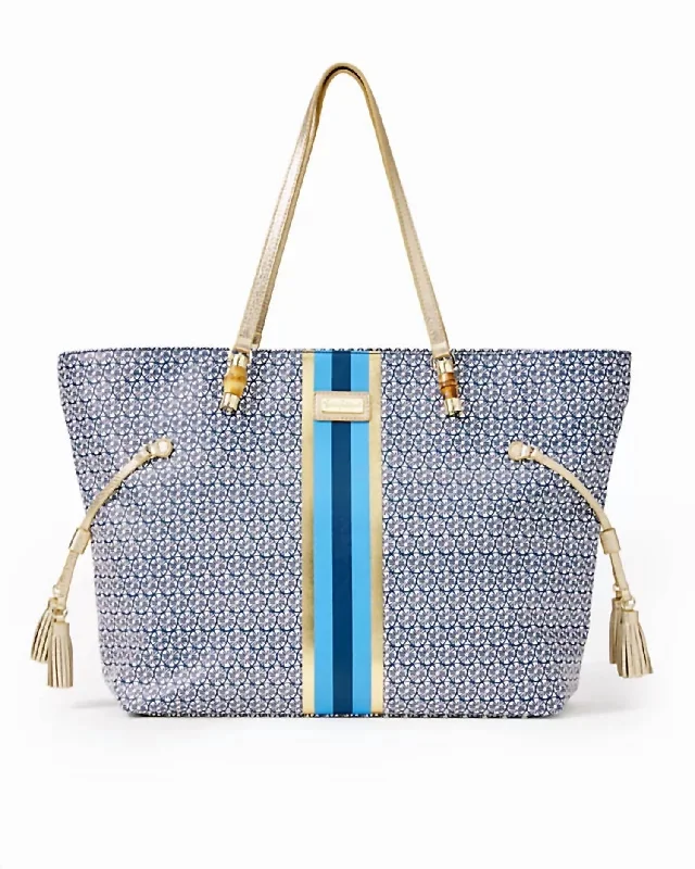 Handle bags with pastel colors for softness -Women's Mizner Tote: Lillys Lemons Striped Engineered Tote In Blue/gold