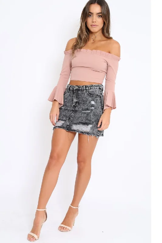 Resort Dresses for Vacation -Grey Denim Rip Mini Skirt - Selenia