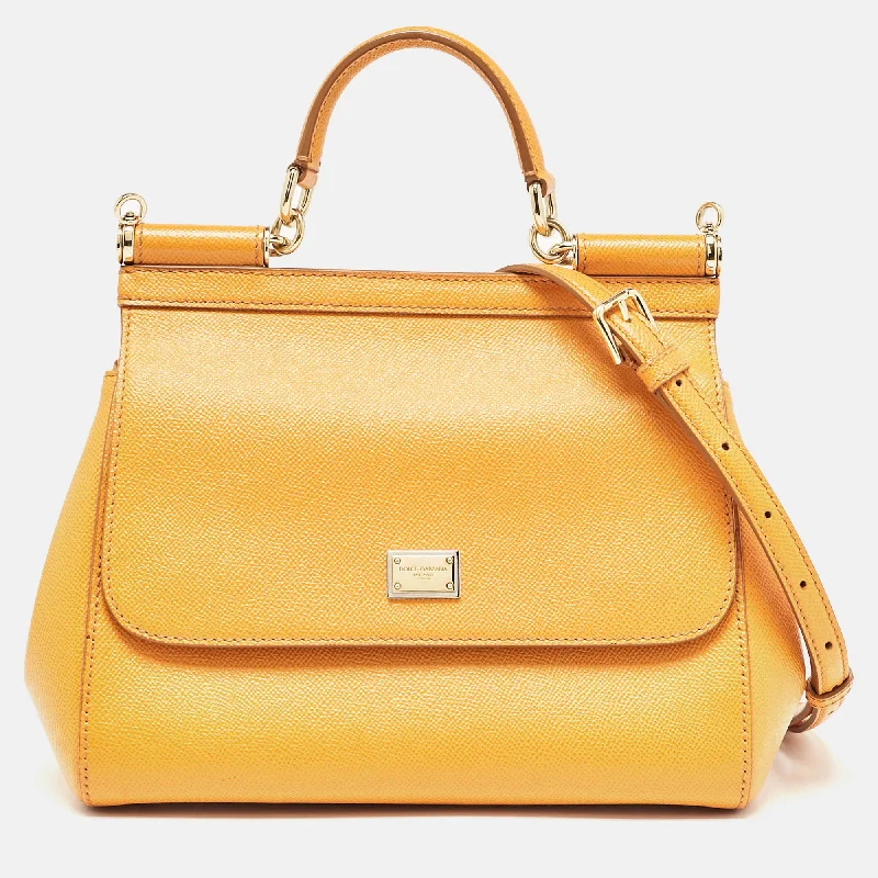 Handle bags with bold text for statements -Dolce & Gabbana Orange Leather Medium Miss Sicily Top Handle Bag