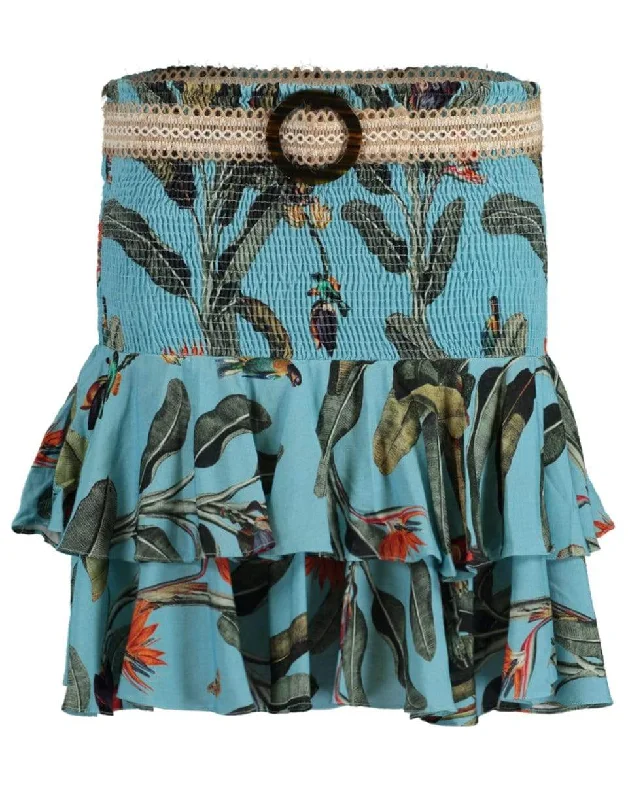 Cute mini skirts for trendy casual outings -Tropical Print Shirred Mini Skirt