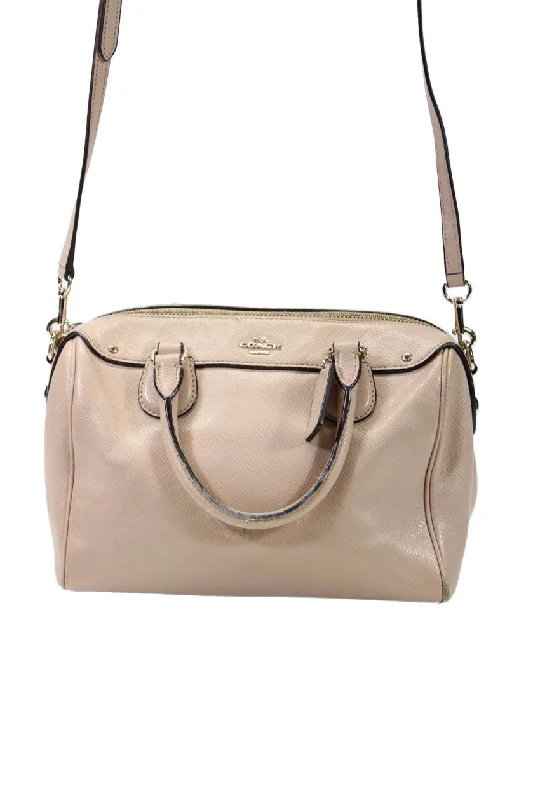 Handle bags with sleek zippers for closure -Coach Womens Leather Zip Closure Top Handle Crossbody Bag Beige