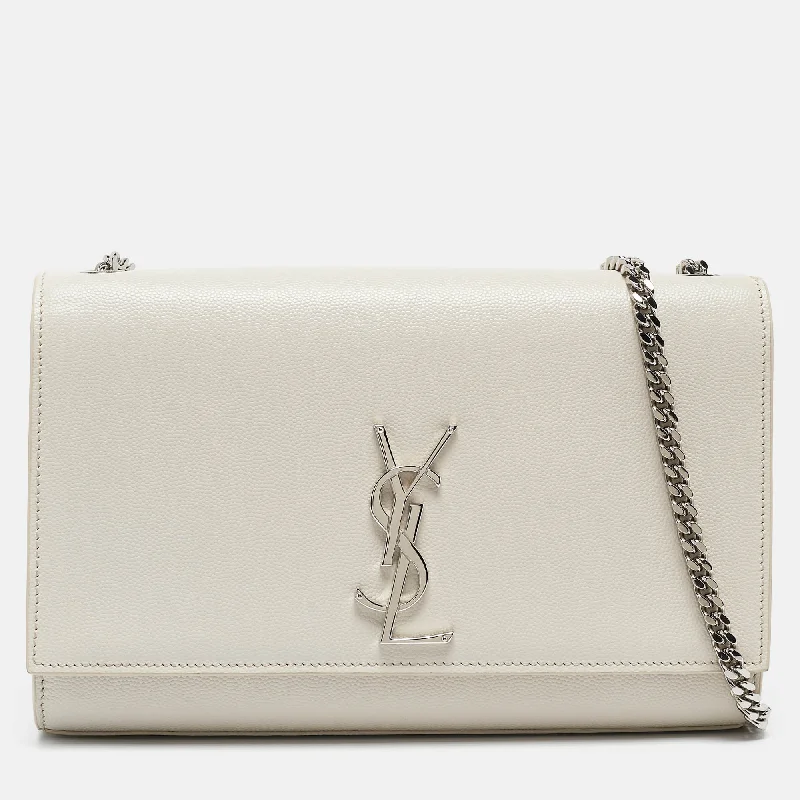 Handle bags with zipper tops for security -Saint Laurent Off White Leather Medium Kate Shoulder Bag