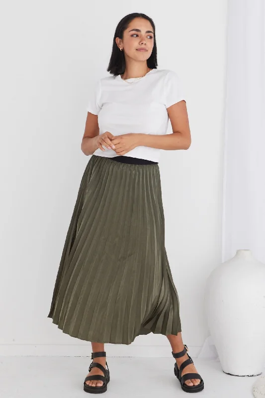 Satin Dresses for Shiny Look -Radiant Moss Washer Satin Pleated Midi Skirt