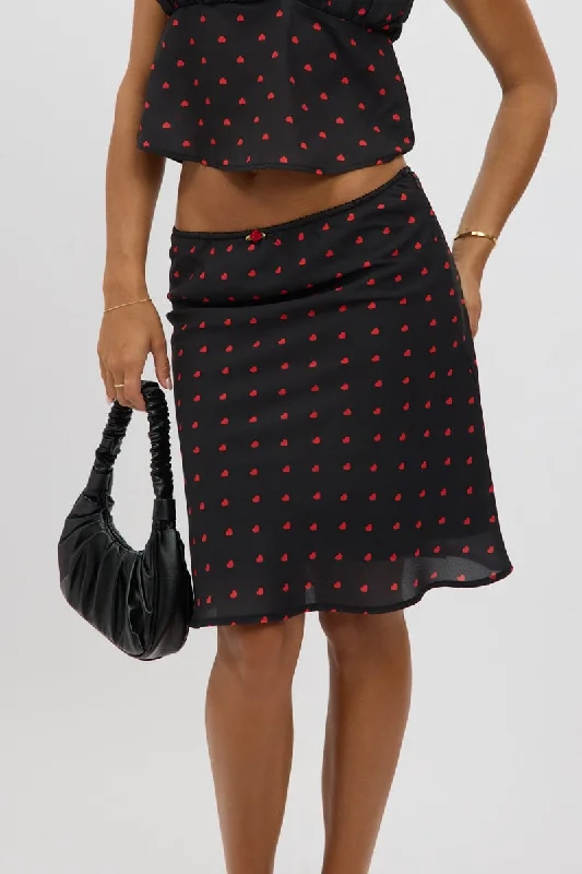 Tie-up Dresses for Decorative -Black Polka Dot Picot Trim Midi Skirt Chiffon Lined