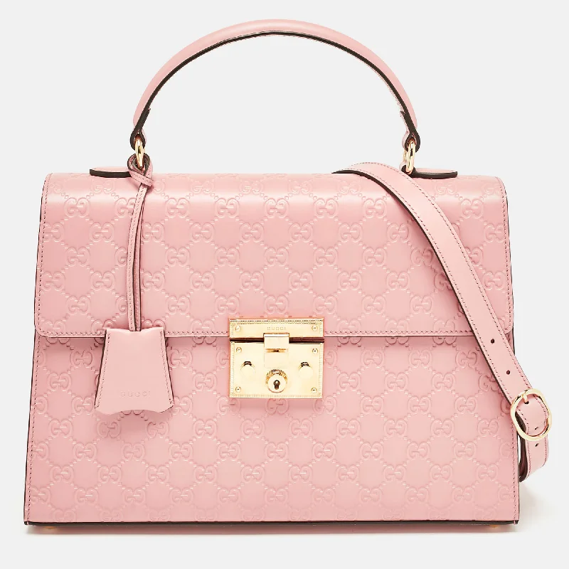 Handle bags with suede accents for texture -Gucci Pink Guccissima Leather Medium Padlock Top Handle Bag