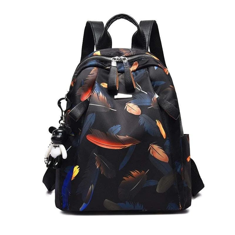 Handle bags with bright accents for pop -Anti-thief Feather Print Women Backpack Waterproof Travel Casual Schoolbag