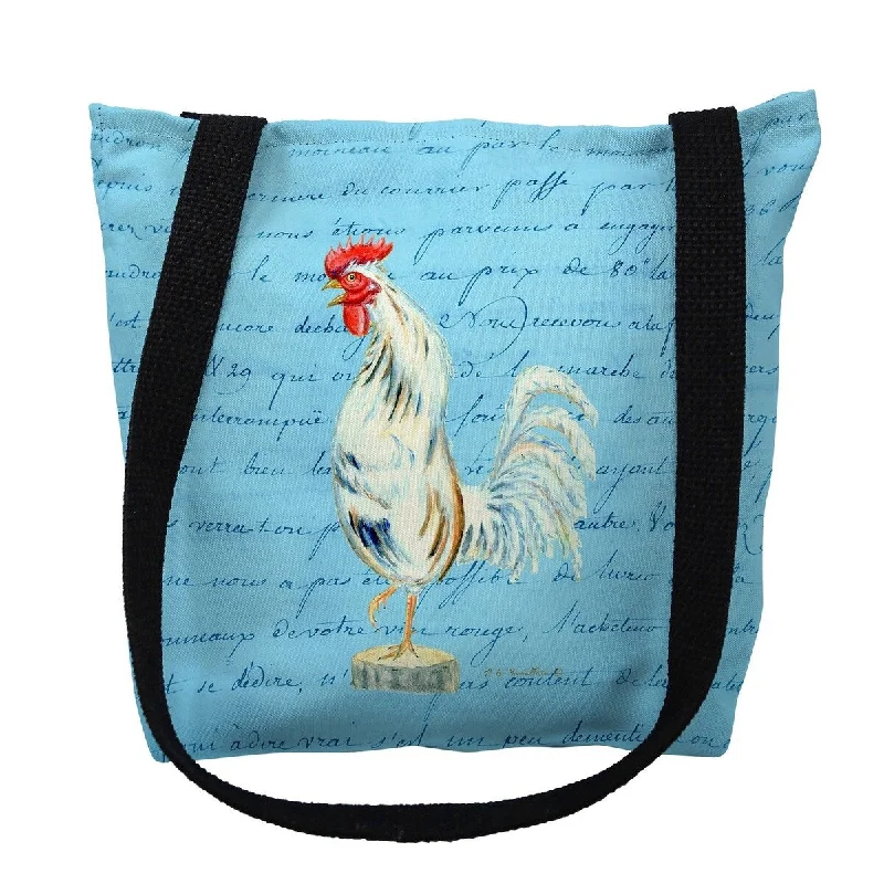 Handle bags with waterproof lining for protection -White Rooster Blue Script Small Tote Bag 13x13