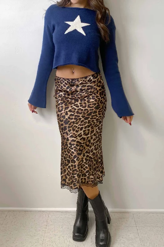 High-waisted Dresses for Flatter -Leopard Print Satin Midi Skirt