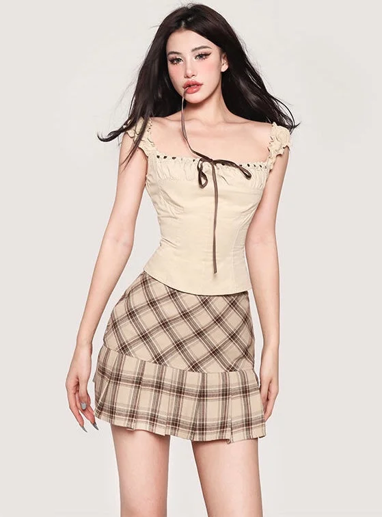 Tiered Dresses for Voluminous -Maya Solid Color Khaki Lace Tie Wide Sleeve Square Neck Slim Top + Khaki Plaid High Waist Mini Skirt Matching Set