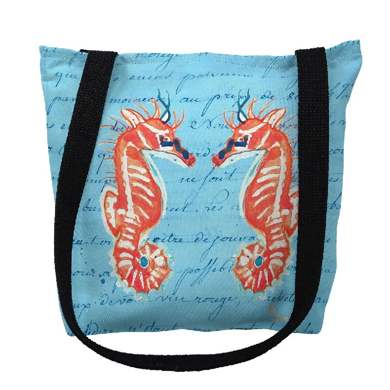 Handle bags with zipper tops for security -Coral Sea Horses Blue Script Small Tote Bag 13x13