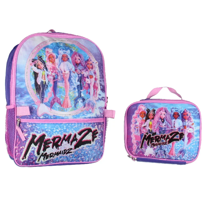 Handle bags with detachable pouches for versatility -Mermaze Mermaidz Mermazing Backpack School Travel Backpack For Kids 2 Piece Set With Detachable Lunch Box