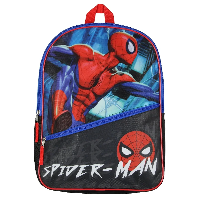 Handle bags with sturdy leather grip accents -Marvel Spiderman Web Shooting Stance 16" Two Panel School Travel Backpack - One Size Fits Most