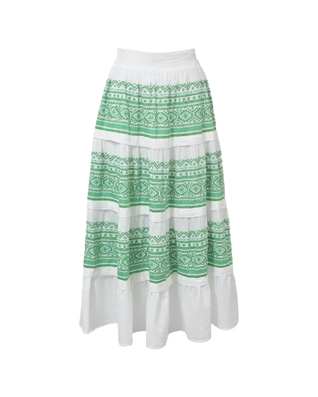 Ruffled midi skirts for delicate feminine touch -Tiered Embroidered Midi Skirt with Intricate Detailing