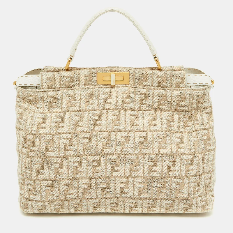 Handle bags with bohemian tassel embellishments -Fendi Beige/white Zucca Fabric And Leather Large Selleria Peekaboo Top Handle Bag