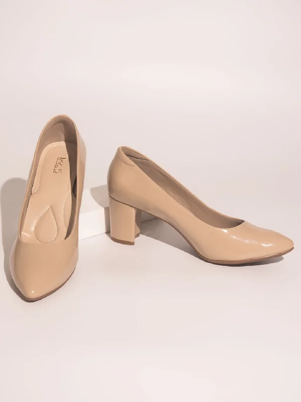 Ladies shoes featuring suede textures feel plush -Women Beige Block Pumps