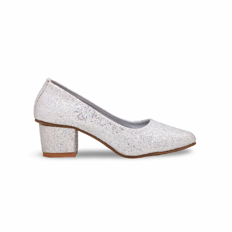 Ladies shoes with durable leather age well -Girls Silver Fancy Pumps KD0928