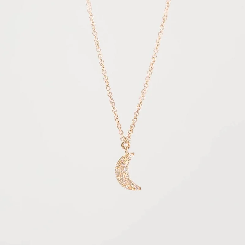 Necklaces and pendants with matching rings for a coordinated set of jewelry-Pavé Diamond Moon Necklace Rose Gold