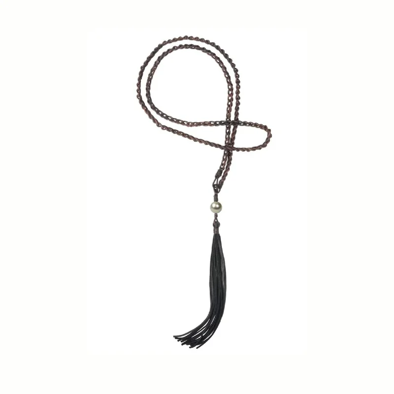 Beautiful necklaces and pendants with natural stones for an earthy, organic vibe-Vincent Peach 36-Inch Braided Brown Leather Tassel and Tahitian Pearl Necklace