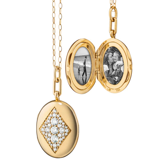 Necklaces and pendants with clear quartz for a pure and radiant look-MONICA RICH KOSANN 18K YELLOW GOLD OVAL ART DECO LOCKET DIAMOND NECKLACE