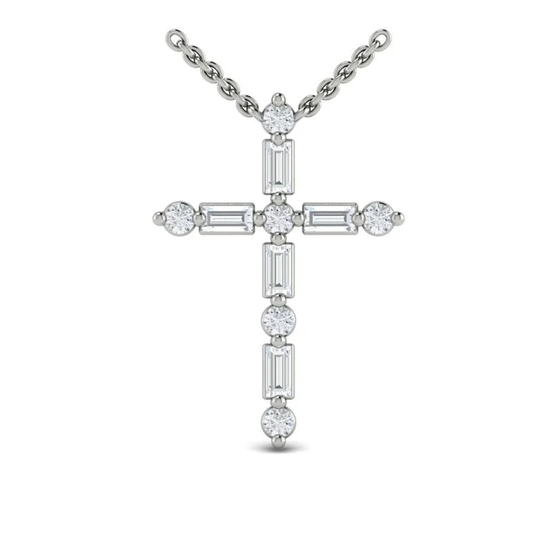 Beautiful necklaces and pendants with diamond halo settings for extra brilliance-14K WHITE GOLD 16-18 INCH ROUND DIAMOND AND BAGUETTE CROSS NECKLACE 0.55CTW