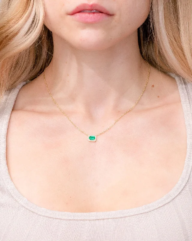 Unique necklaces and pendants with engraved messages for a sentimental gift-Diamond Halo Emerald Necklace