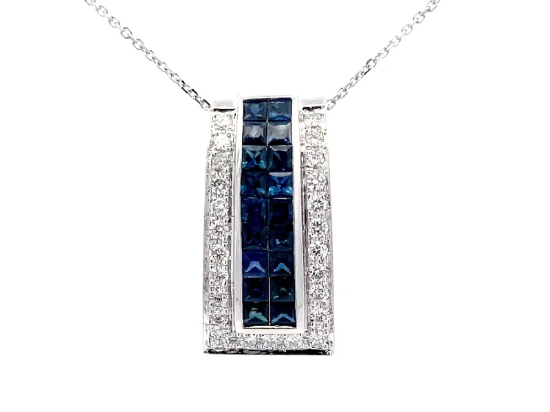 Best necklaces and pendants with opal gemstones for an iridescent glow-Diamond Sapphire Rectangular Pendant and Chain in 14k White Gold