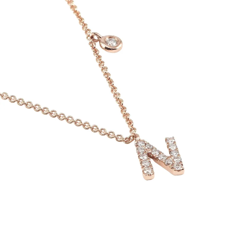 Simple necklaces and pendants with tiny charms for a delicate and casual vibe-ADJUSTABLE 16-INCH 14K ROSE GOLD PAVE DIAMOND LETTER N NECKLACE