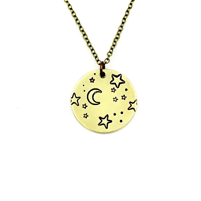 Necklaces and pendants with engraved messages for a deeply personal, sentimental gift-Moon & Stars Necklace - Brass