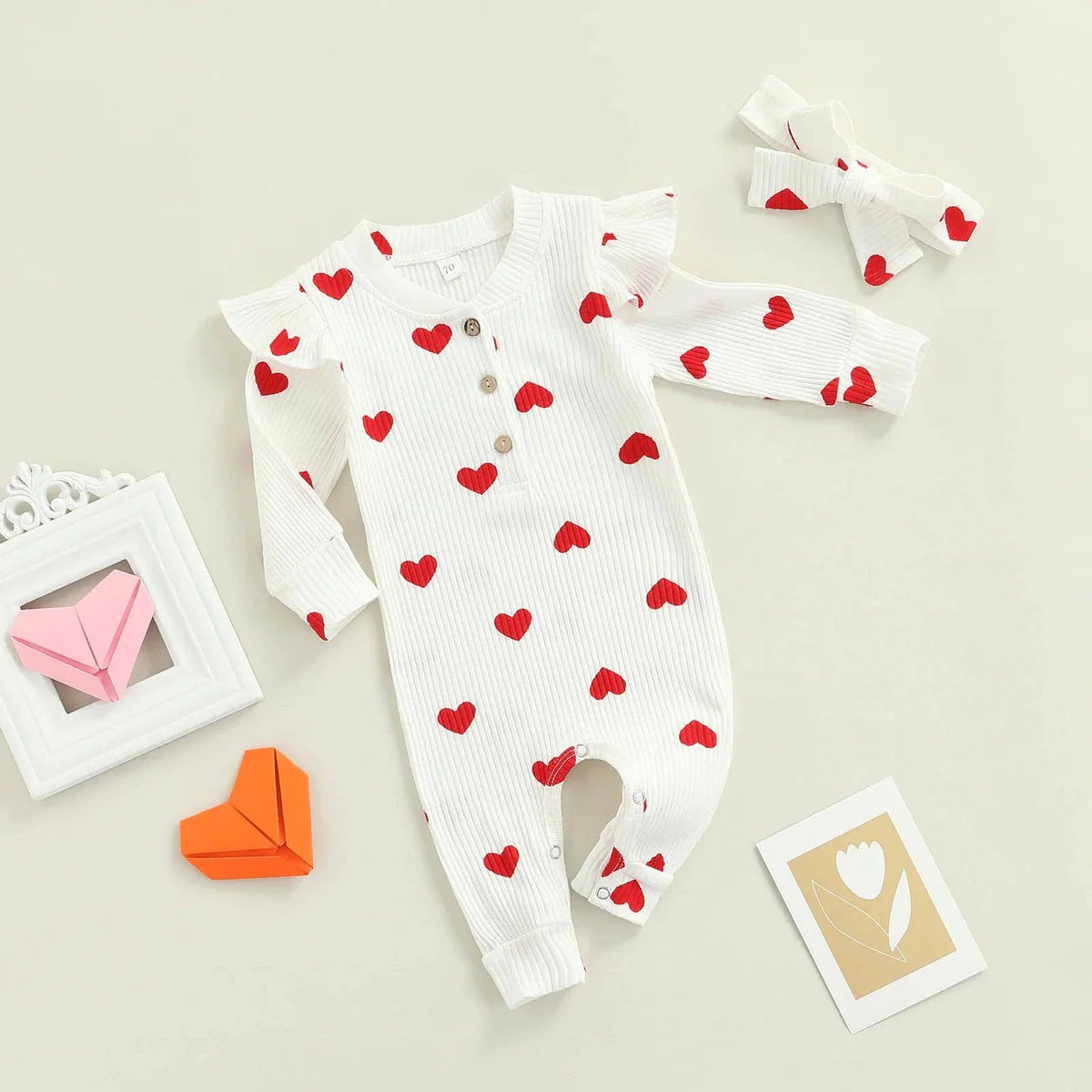 Necklaces and pendants with pearls for a classic and sophisticated touch-Ribbed Knit Heart Flutter accent romper w/ Headband