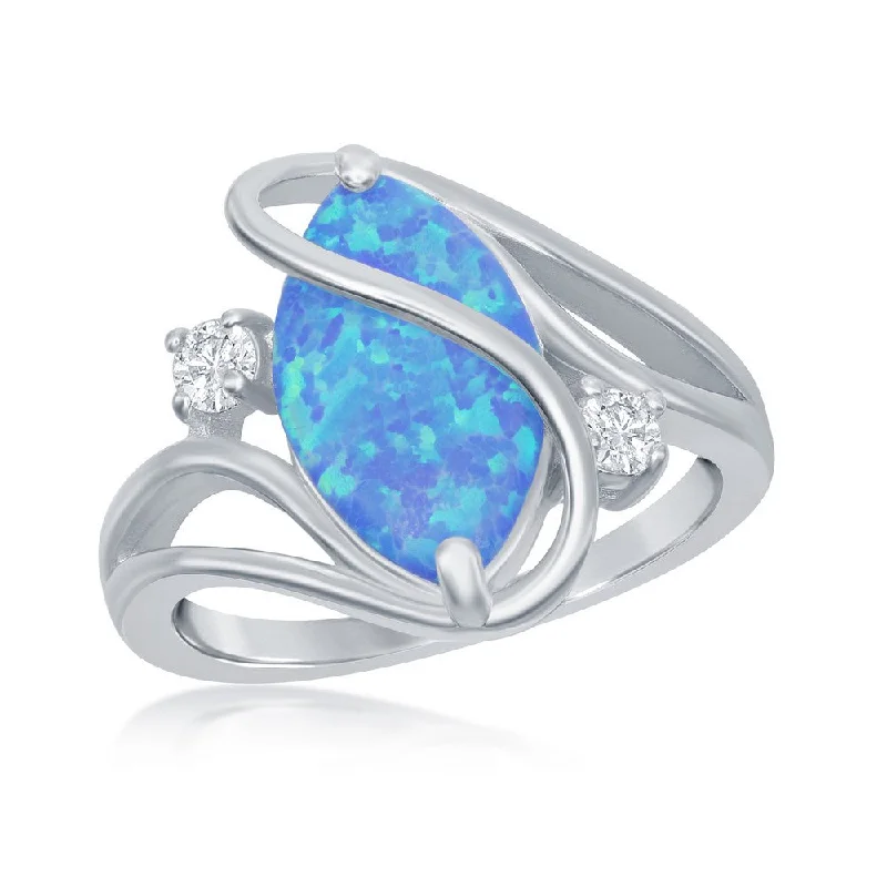 Unique necklaces and pendants with custom birthstone arrangements for personalization-Sterling Silver Blue Inlay Opal Oval Twist With CZ Ring - W-2520