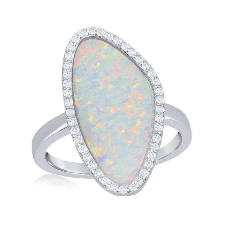 Trendy necklaces and pendants with geometric shapes for a modern aesthetic-Sterling Silver White Opal Irregular Shape with CZ Ring - W-1972