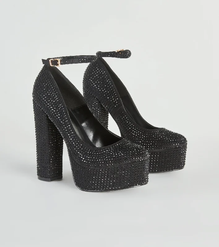 Ladies shoes featuring wooden heels are earthy -Glamour Queen Rhinestone Platform Pumps