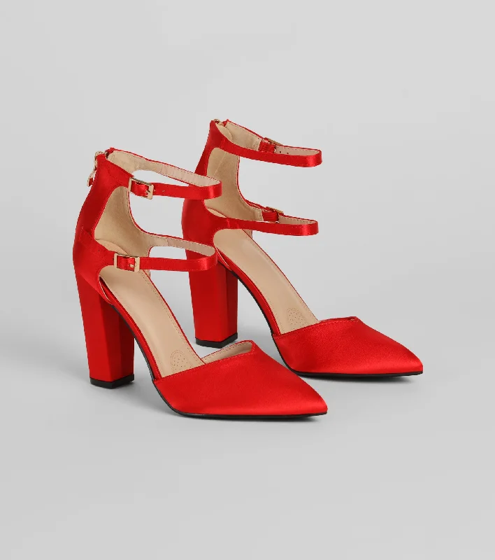 Ladies shoes featuring crocodile textures are luxe -Standing Tall Satin Block Heel Pumps