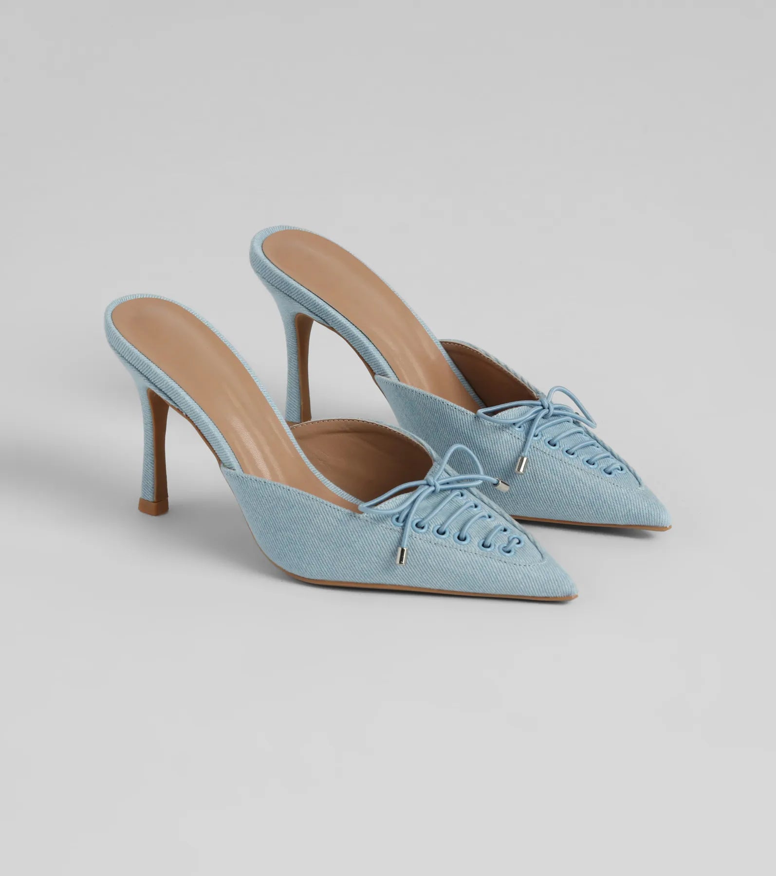 Ladies shoes featuring knit fabrics feel soft -Vintage Allure Lace-Up Denim Stiletto Pumps